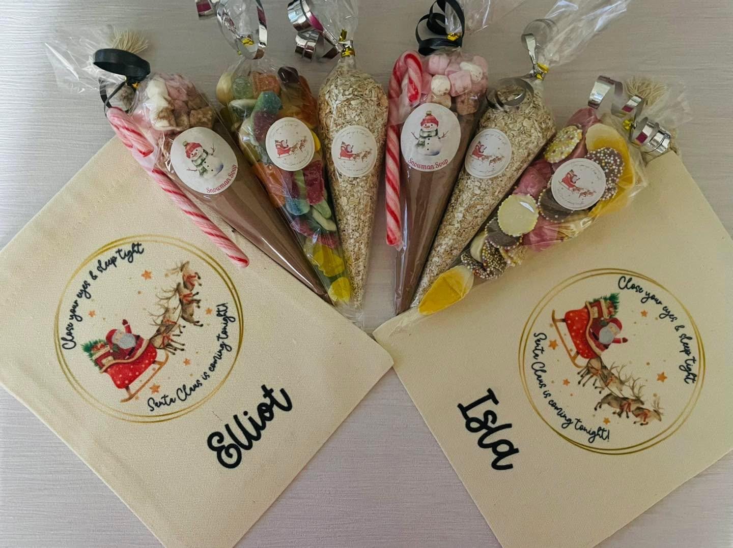 Personalised Christmas Eve bag, small bag with treat cones! Christmas bag. Stocking filler.