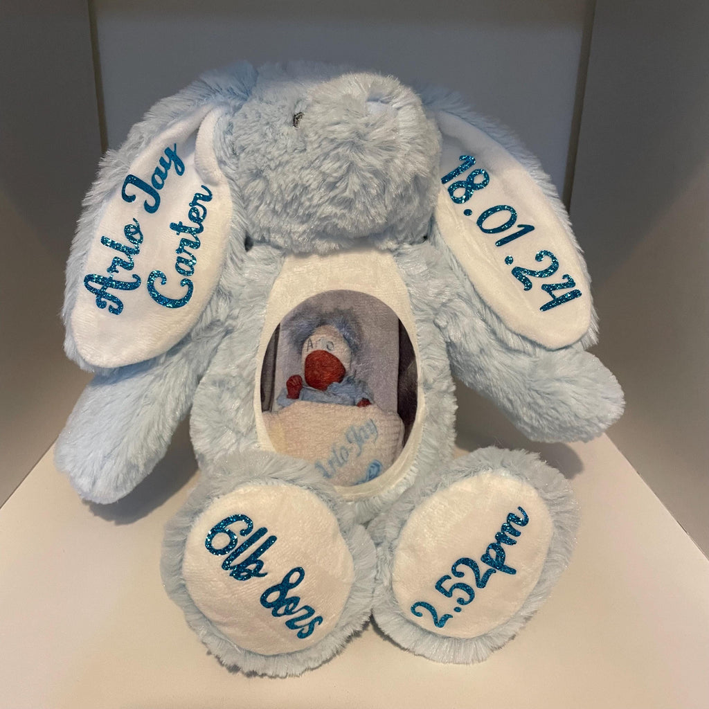 Personalised Teddy, Bunny, soft toy.  Photo Baby Gift, Christening Gift. New Baby gift.