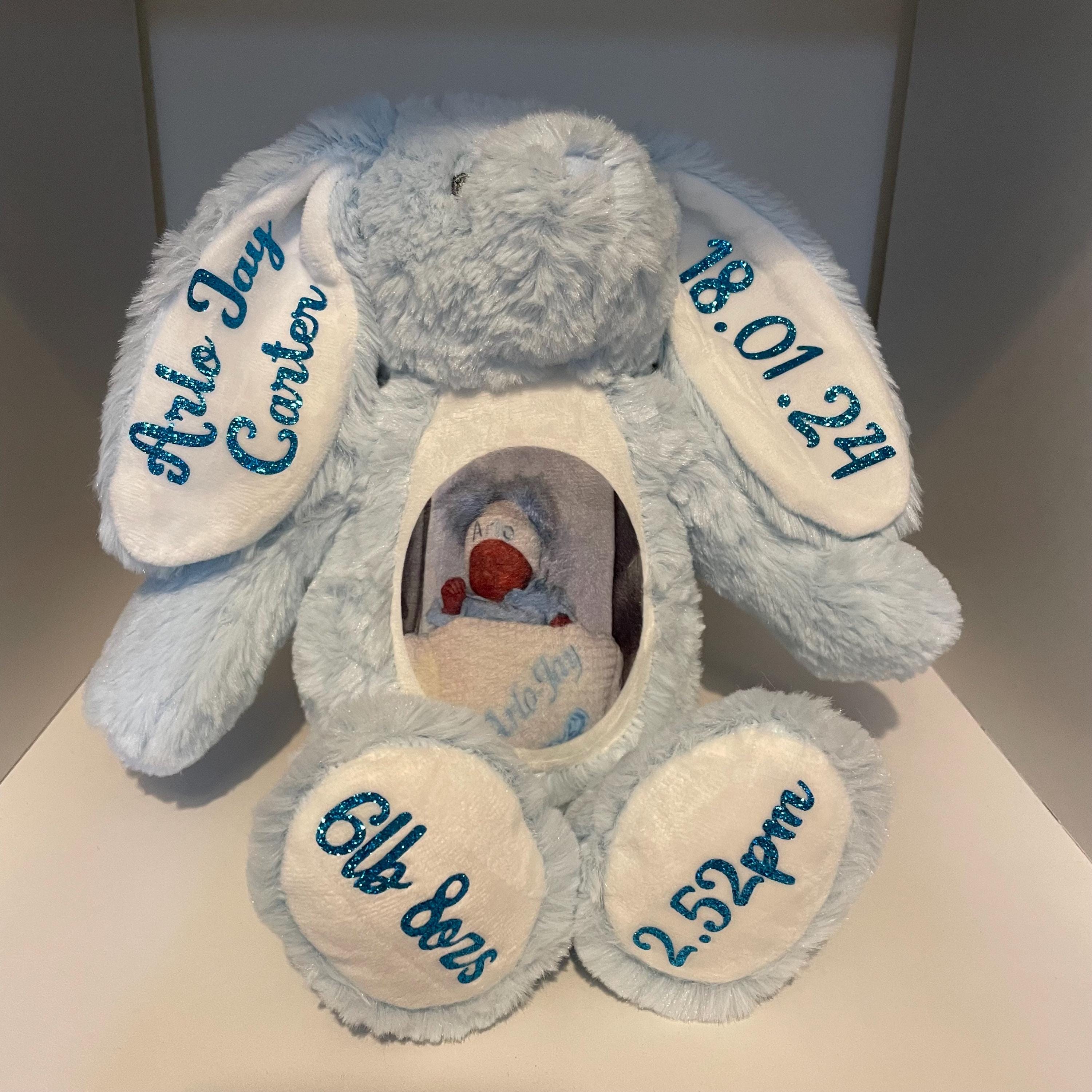 Personalised Teddy, Bunny, soft toy.  Photo Baby Gift, Christening Gift. New Baby gift.