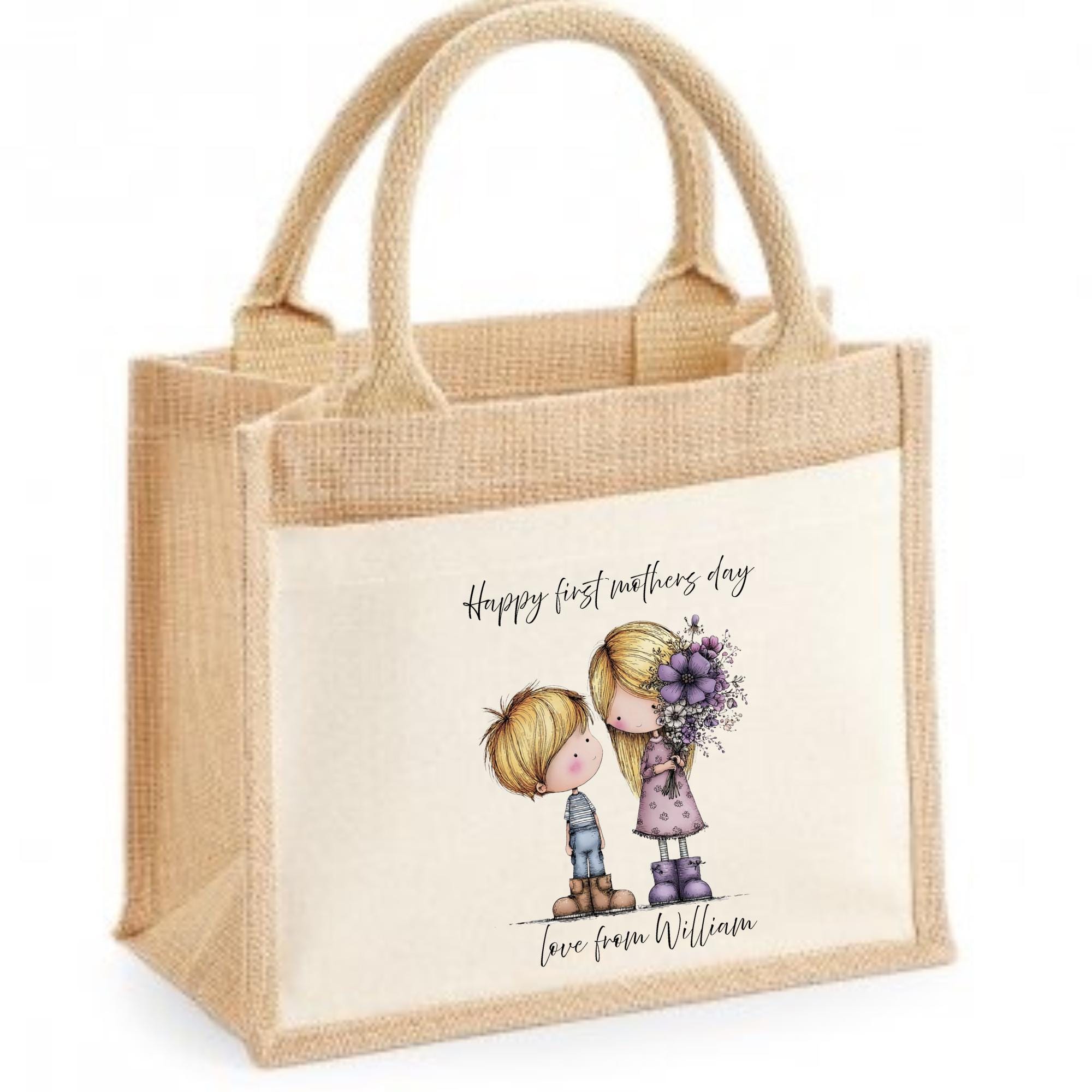 Mum gift idea. Bag. Custom print design. Personalisation options. Jute Shopping bag.