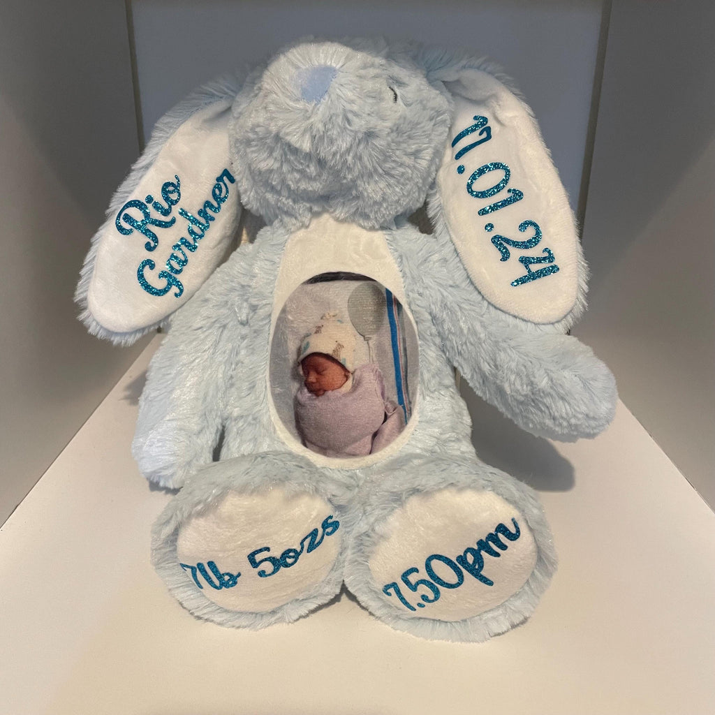 Personalised Teddy, Bunny, soft toy.  Photo Baby Gift, Christening Gift. New Baby gift.
