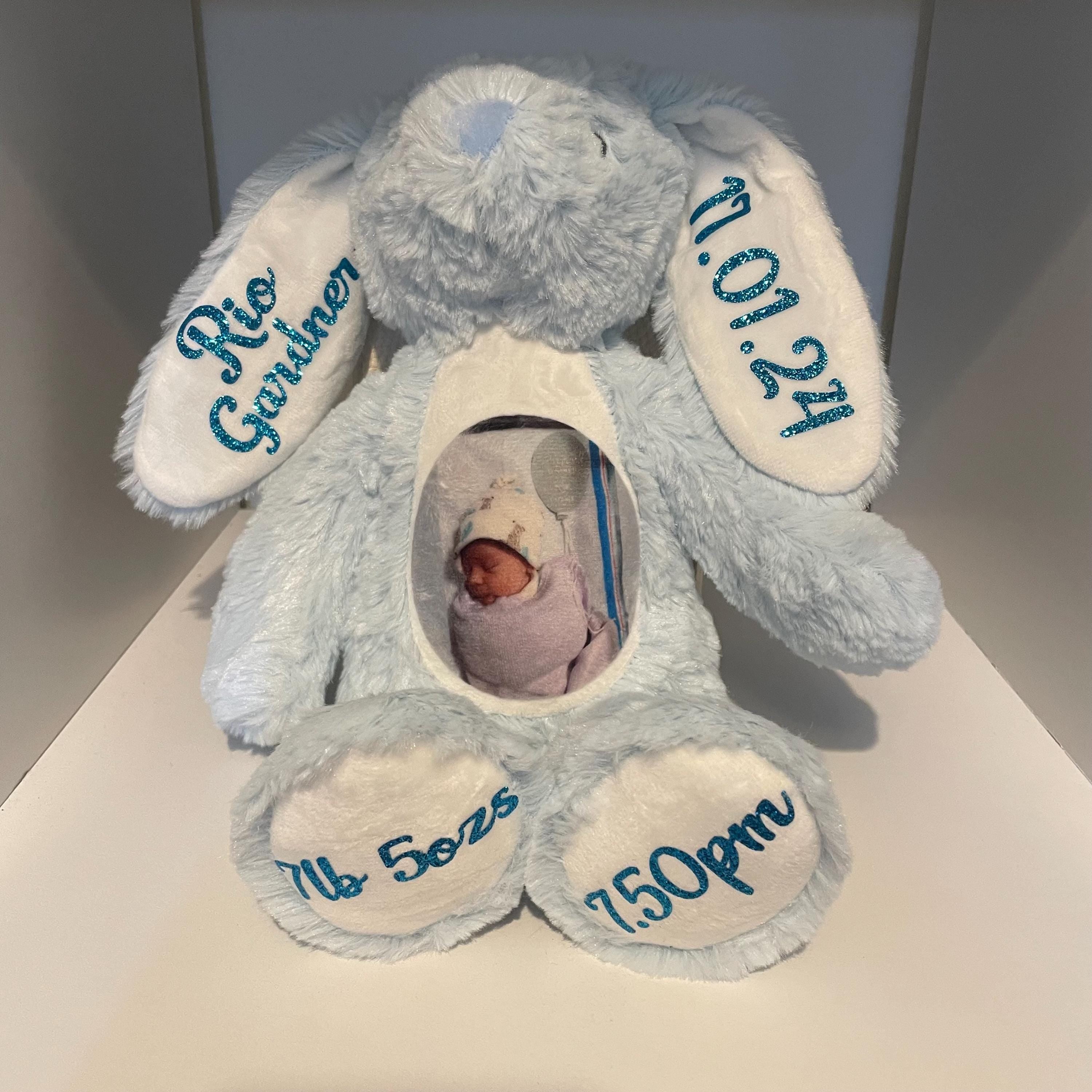 Personalised Teddy, Bunny, soft toy.  Photo Baby Gift, Christening Gift. New Baby gift.