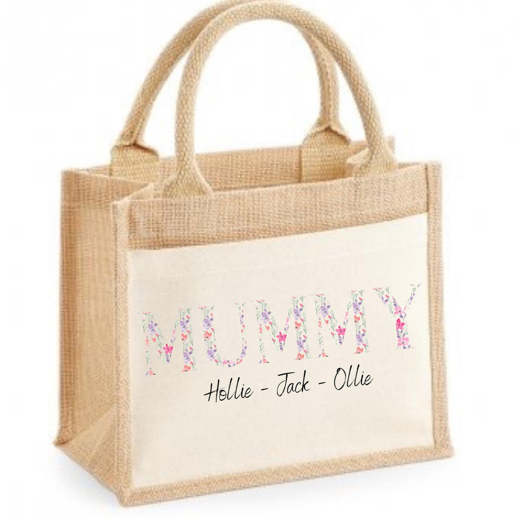 Jute bags. Personalised. Mum gift idea. Choice of Words. Mum/Mama/Nan/Glamma. Children’s names also added.
