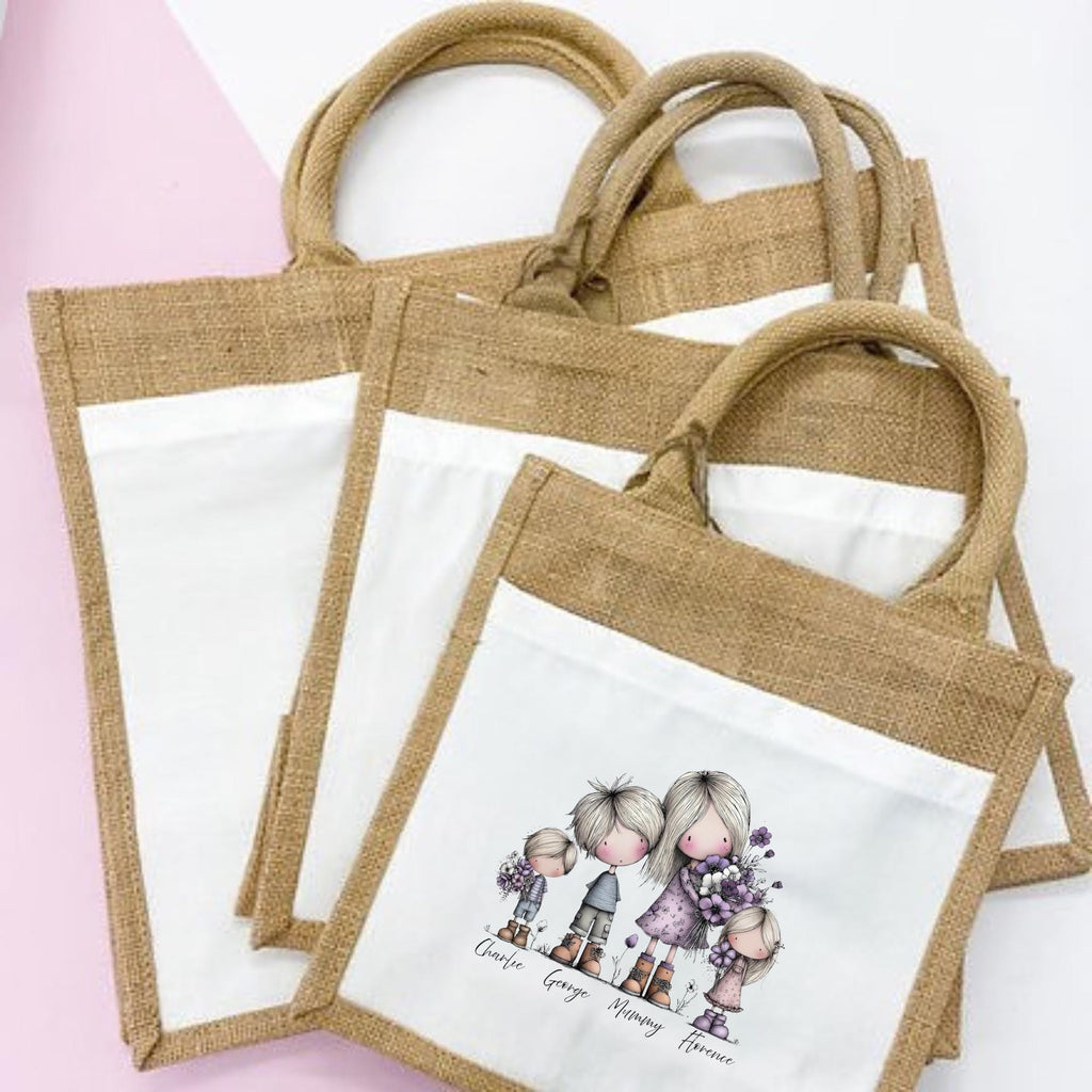 Mum gift idea. Bag. Custom print design. Personalisation options. Jute Shopping bag.