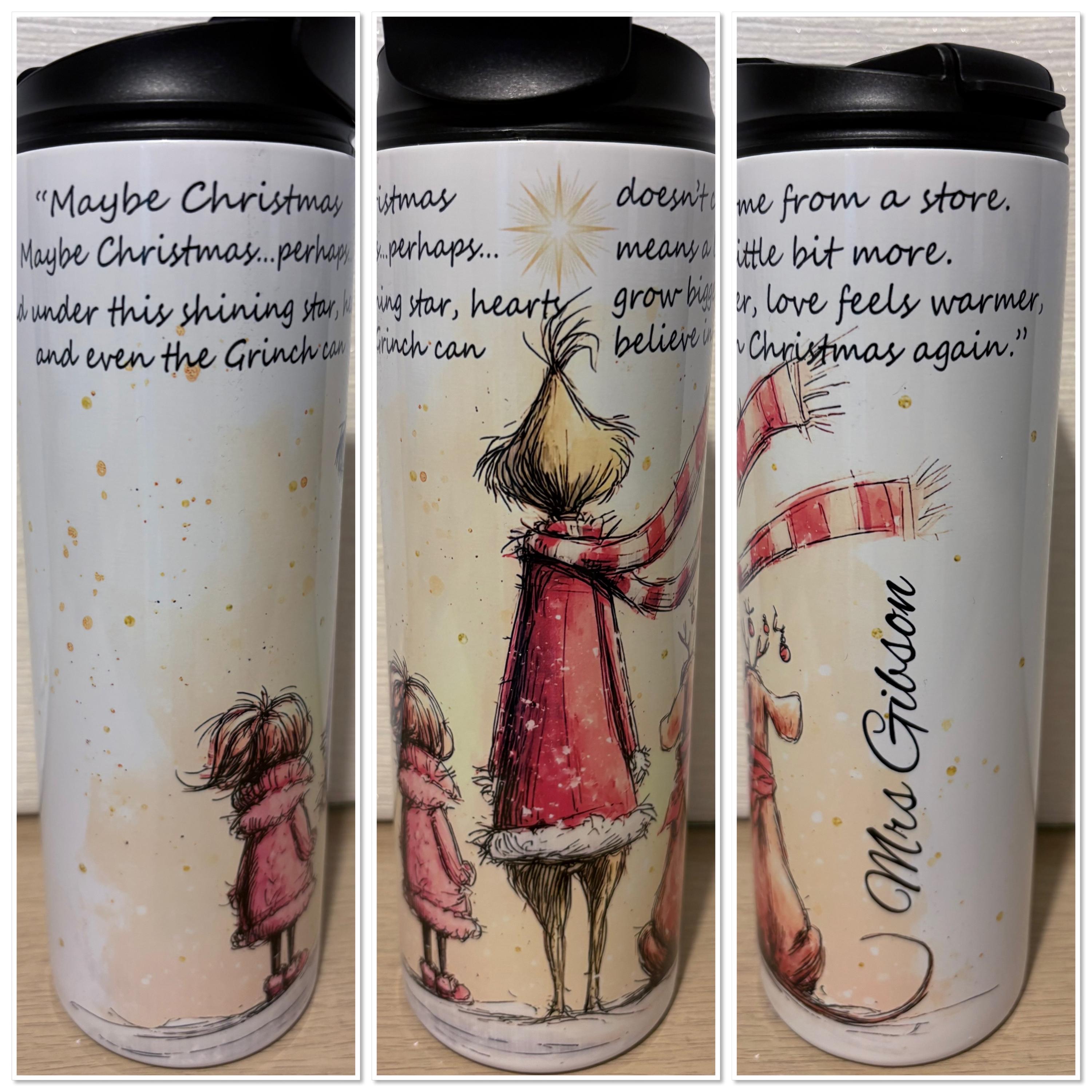 Christmas travel mugs, choice of design, Personalised mugs. Christmas gifts. Elf, Green Elf, Gnome, and much more ….