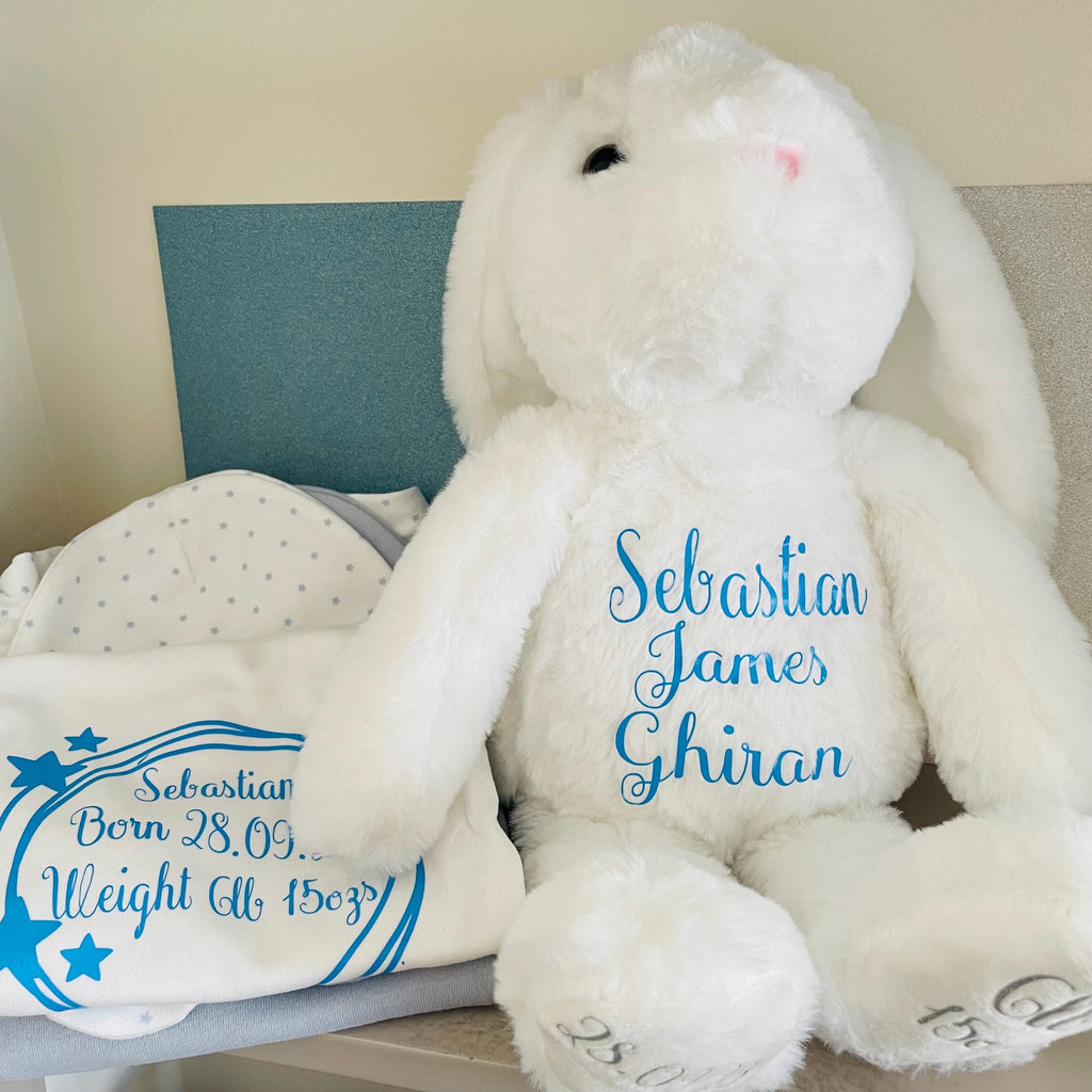 Personalised Teddy, Bunny, soft toy.  Photo Baby Gift, Christening Gift. New Baby gift.