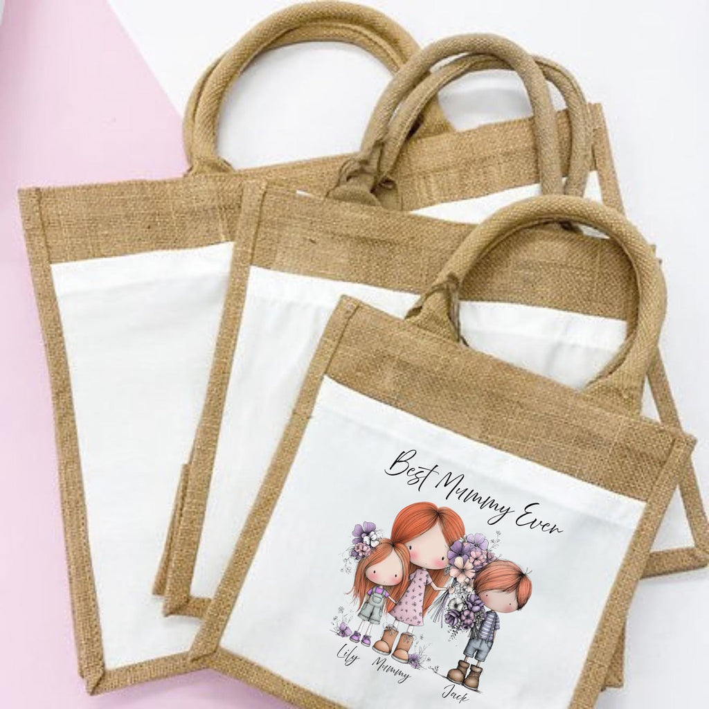 Mum gift idea. Bag. Custom print design. Personalisation options. Jute Shopping bag.