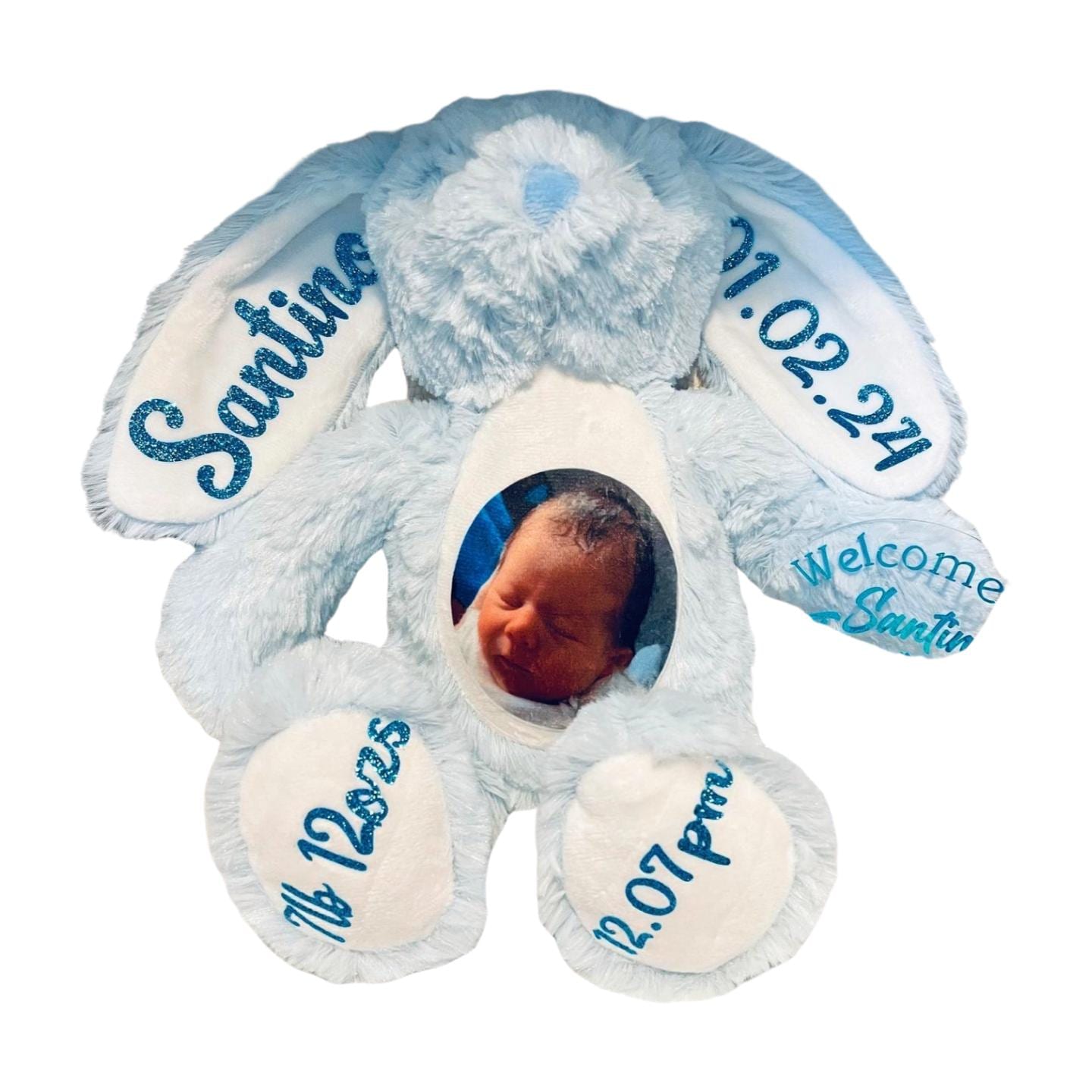Personalised Teddy, Bunny, soft toy.  Photo Baby Gift, Christening Gift. New Baby gift.