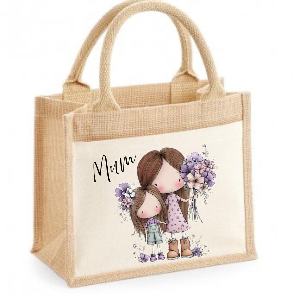 Mum gift idea. Bag. Custom print design. Personalisation options. Jute Shopping bag.