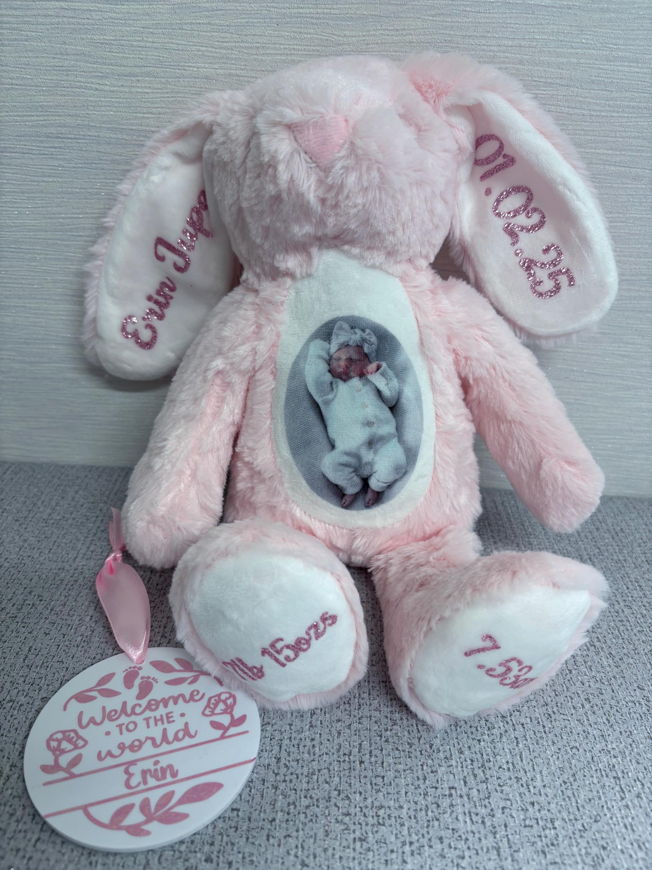 Personalised Teddy, Bunny, soft toy.  Photo Baby Gift, Christening Gift. New Baby gift.