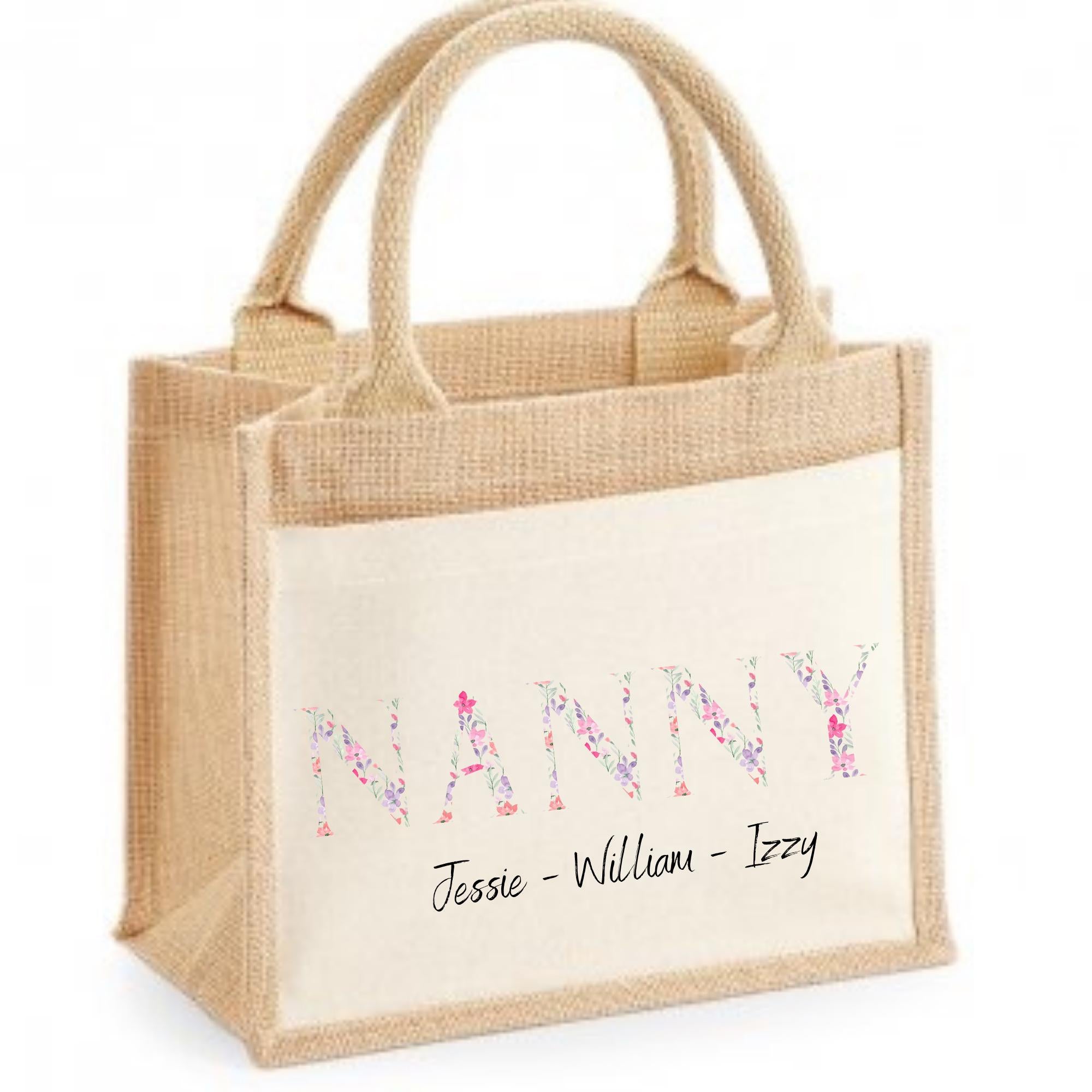 Jute bags. Personalised. Mum gift idea. Choice of Words. Mum/Mama/Nan/Glamma. Children’s names also added.