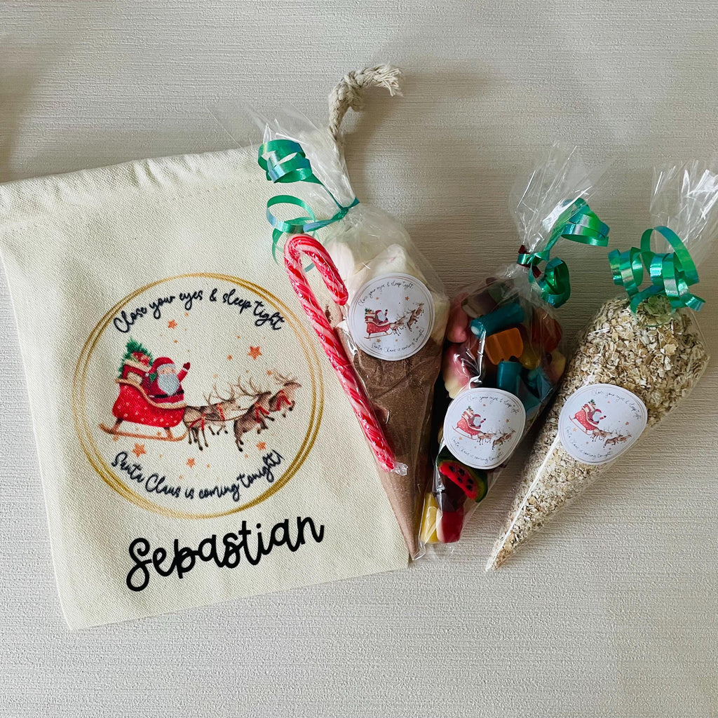 Personalised Christmas Eve bag, small bag with treat cones! Christmas bag. Stocking filler.